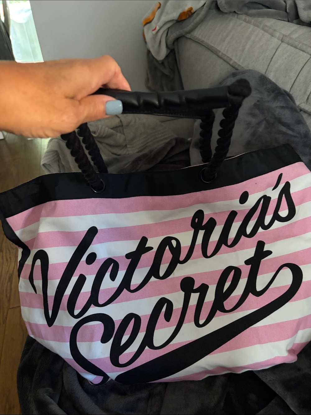Victoria's Secret Pink, White & Black Striped Logo Tote